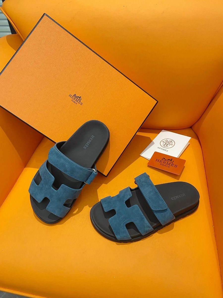 Hermes Men's Chypre Sandals in Blue Suede Calfskin - Image 9