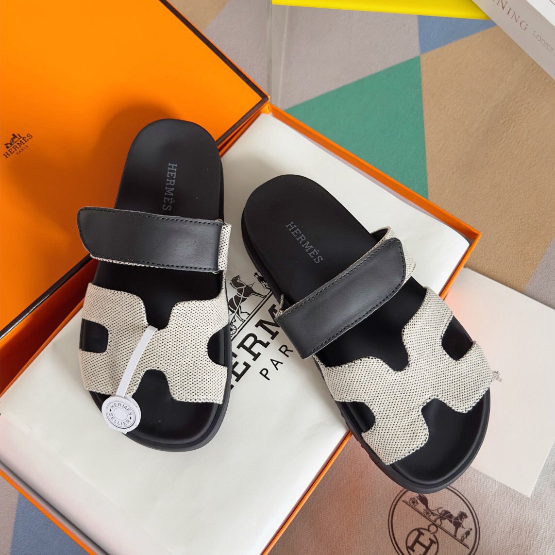 Hermes Men's Chypre Sandals In Canvas with Black Leather - Image 10