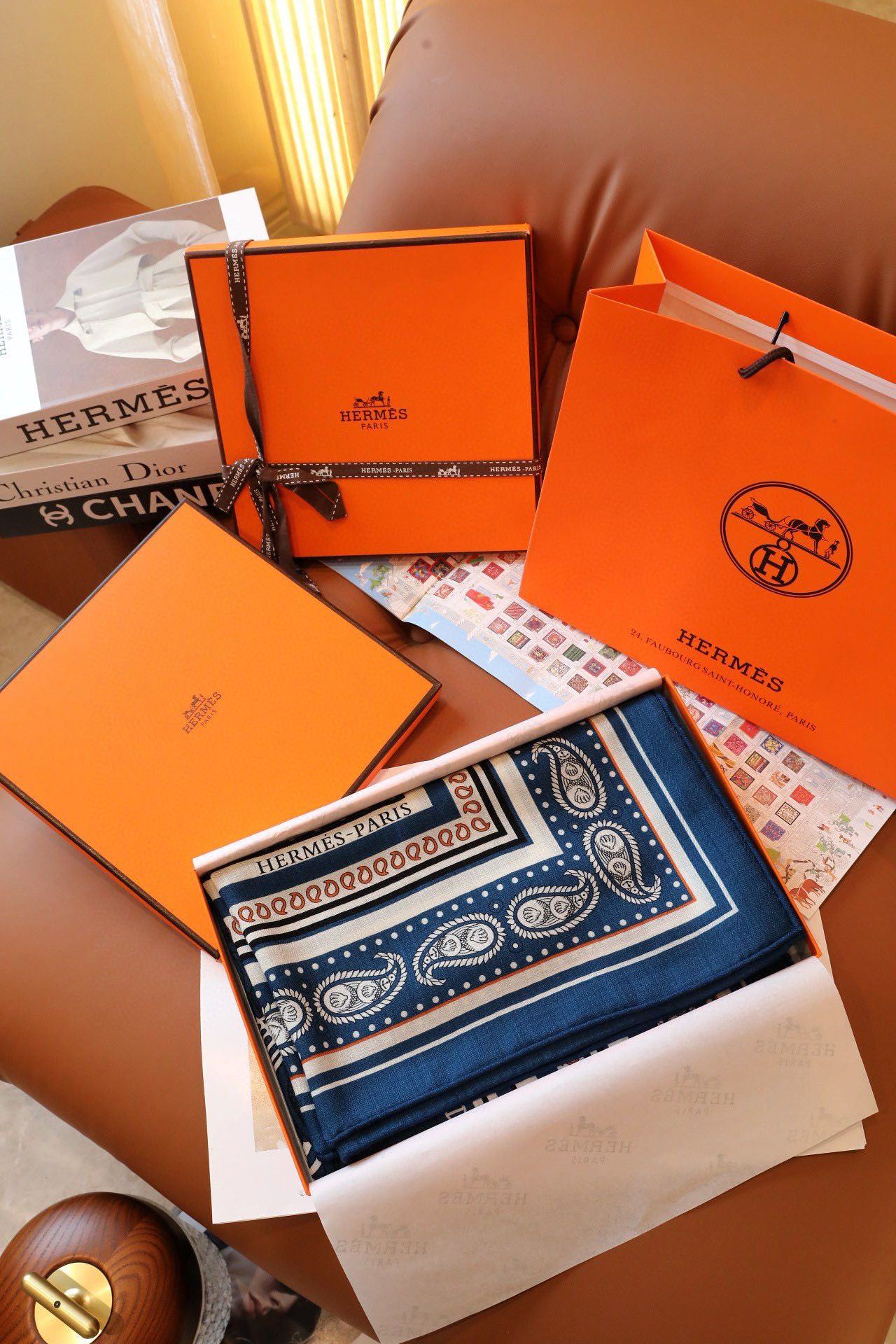 Hermes Blue Tatouages Marins Bandana Shawl 140 - Image 3