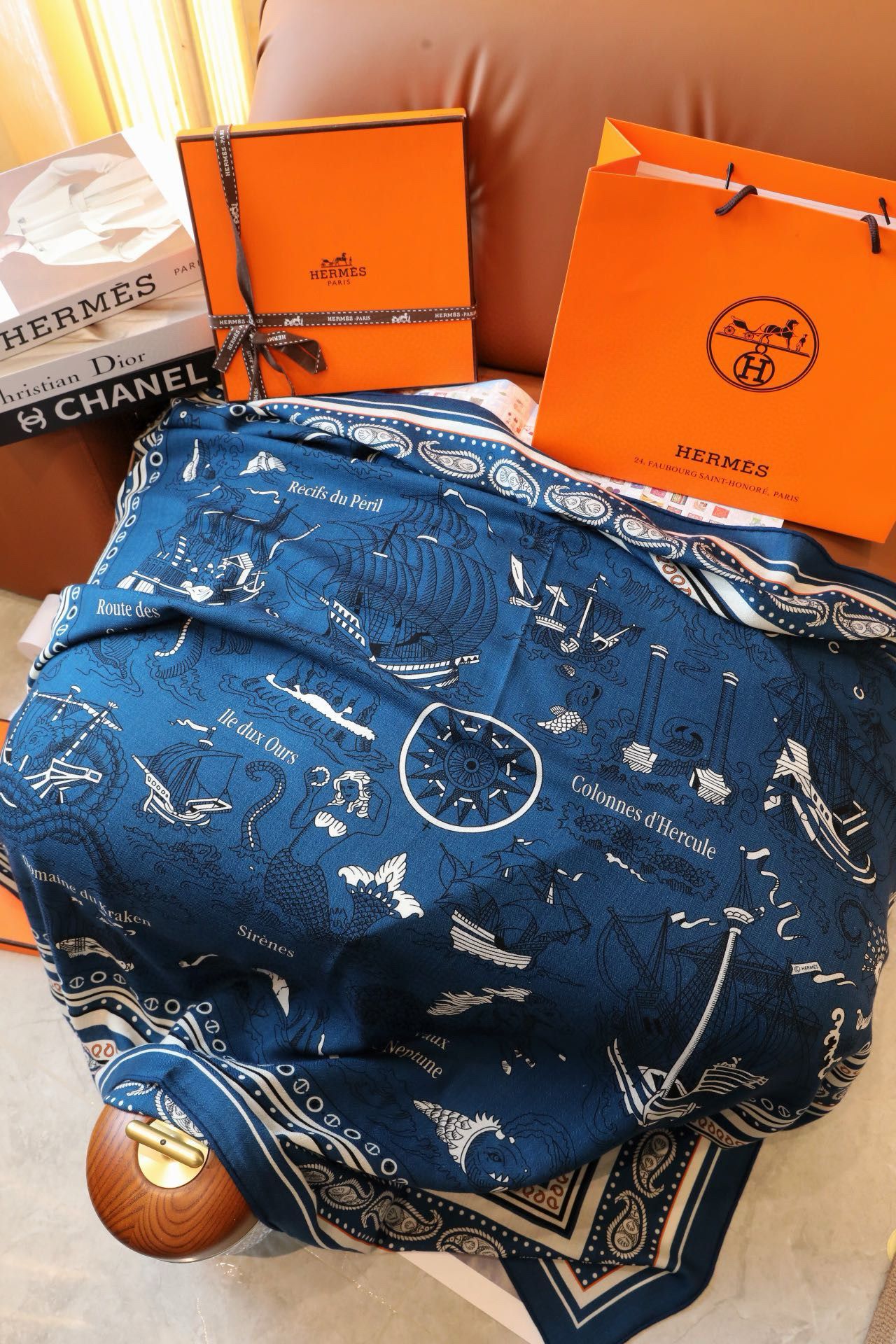 Hermes Blue Tatouages Marins Bandana Shawl 140 - Image 5