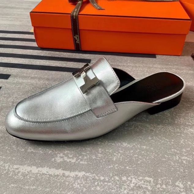 Hermes Trocadero Mules In Silver Nappa Leather - Image 3