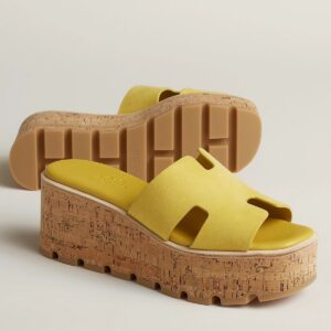 Hermes Eze 30 Cork Platform Sandals in Yellow Suede Leather