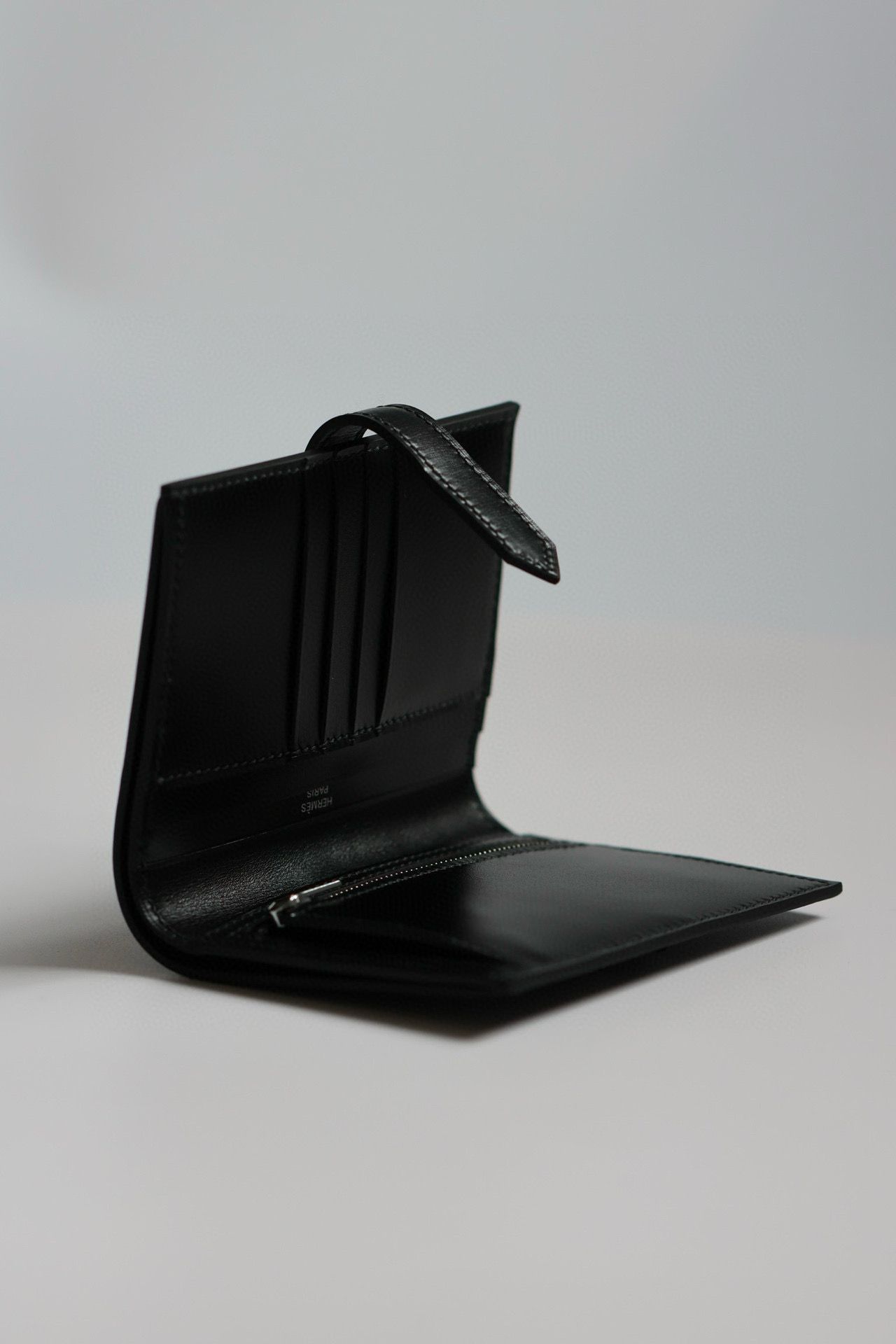 Hermes Bearn Compact Handmade All Black Wallet in Box Calfskin - Image 5