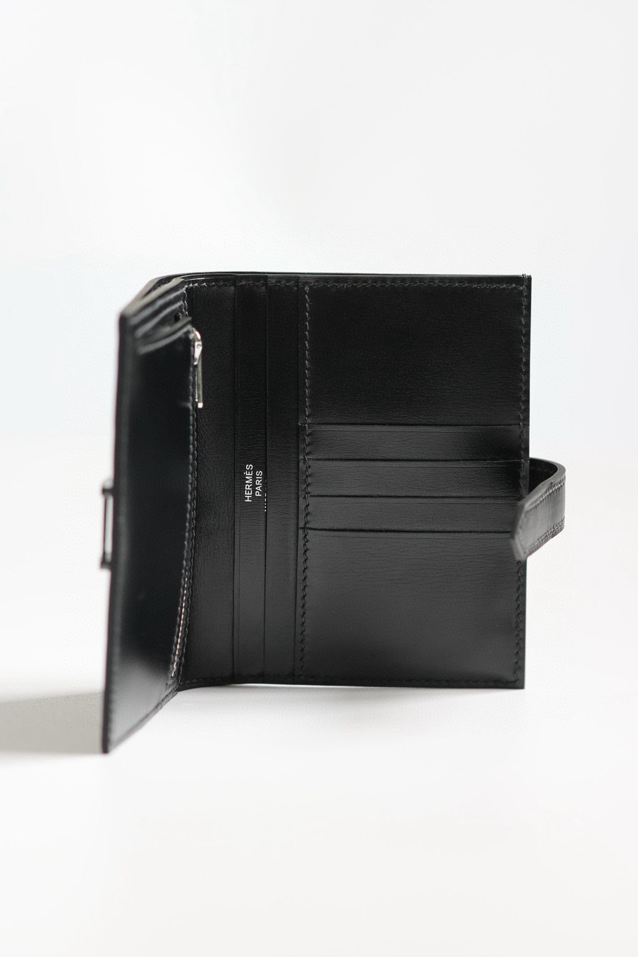 Hermes Bearn Compact Handmade All Black Wallet in Box Calfskin - Image 6