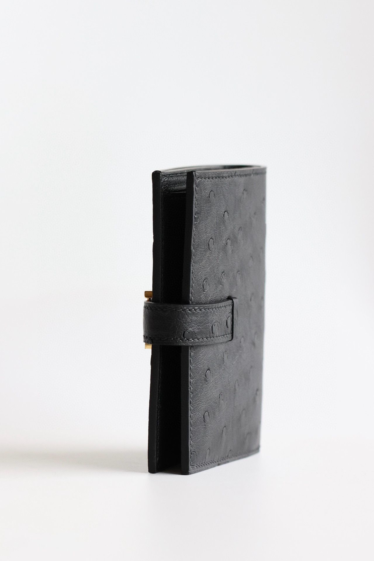 Hermes Bearn Compact Handmade Wallet in Black Ostrich Leather - Image 6