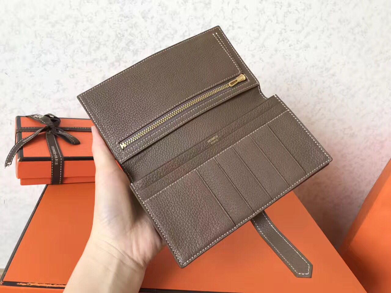 Hermes Taupe Clemence Bearn Gusset Wallet - Image 6