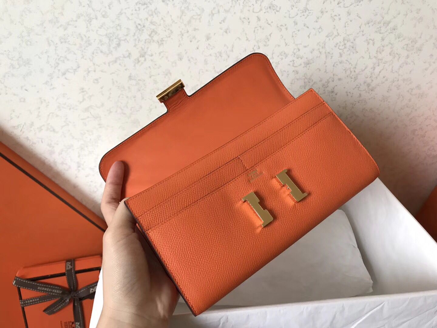 Hermes Constance Long Wallet In Orange Epsom Leather - Image 5